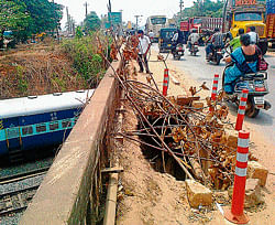 The railway over-bridge in a dilapidated situation is posing threat at B C Road in Bantwal taluk.
