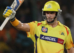 New Delhi: Chennai Super Kings M Hussey celebrates his fifty during IPL's first Qualifier against Mumbai Indians in New Delhi on Tuesday. PTI Photo by Shahbaz Khan