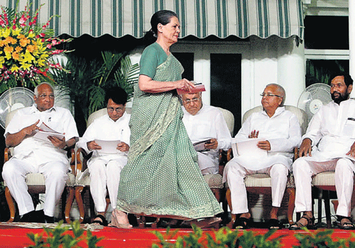 UPA chairperson Sonia Gandhi arrives to address after releasing the  Report Card of UPA-II  in New Delhi. PTI