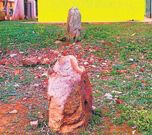 The 'ankada kallu' installed behind Siddappaji temple at D&#8200;Salundi in Mysore taluk.