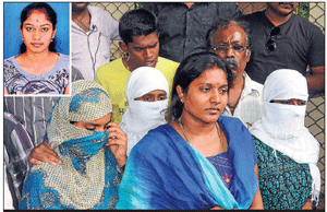 Grief-stricken: Family members and friends of Nishandini (inset) come out of Bowring Hospital on Saturday.  DH Photo