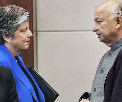 Minister of Home Affairs Sushilkumar Shinde with U.S. Secretary of Homeland Security Janet Napolitano before the Second US-India Homeland Security Dialogue in Washington on Tuesday. PTI Photo