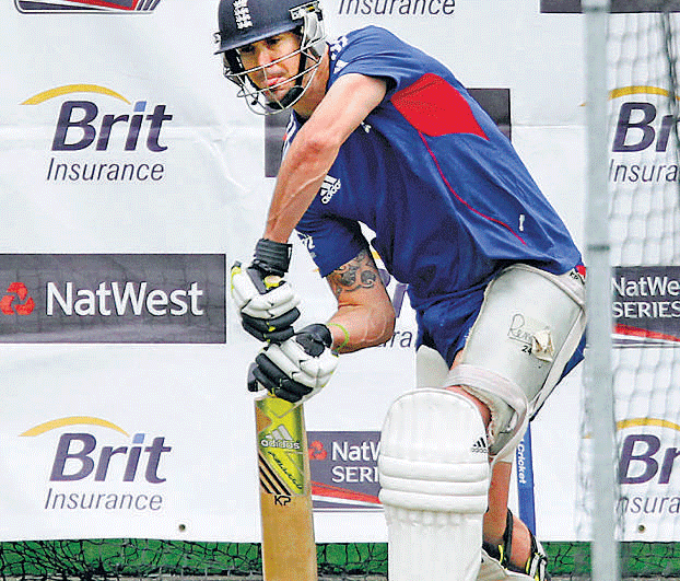 back in action Kevin Pietersen, who is recovering from a knee injury, during a practice session on Friday.  PTI Photo.