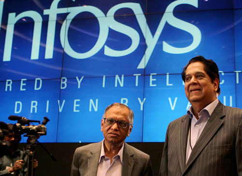 Newly appointed Chairman of Infosys Technologies N R Narayan Murthy with Outgoing Chairman K V Kamath during a press conference at the company's headquarter in Bengaluru on Saturday. PTI Photo