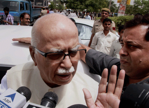 Senior BJP leader Lal Krishan Advani talking to the media out-side the Medanta hospital where former Union Minister V.C. Shukla was admitted after a convoy of Congress leaders was ambushed by armed Maoists in Chhattisgarh yesterday, in Gurgaon on Sunday. PTI Photo