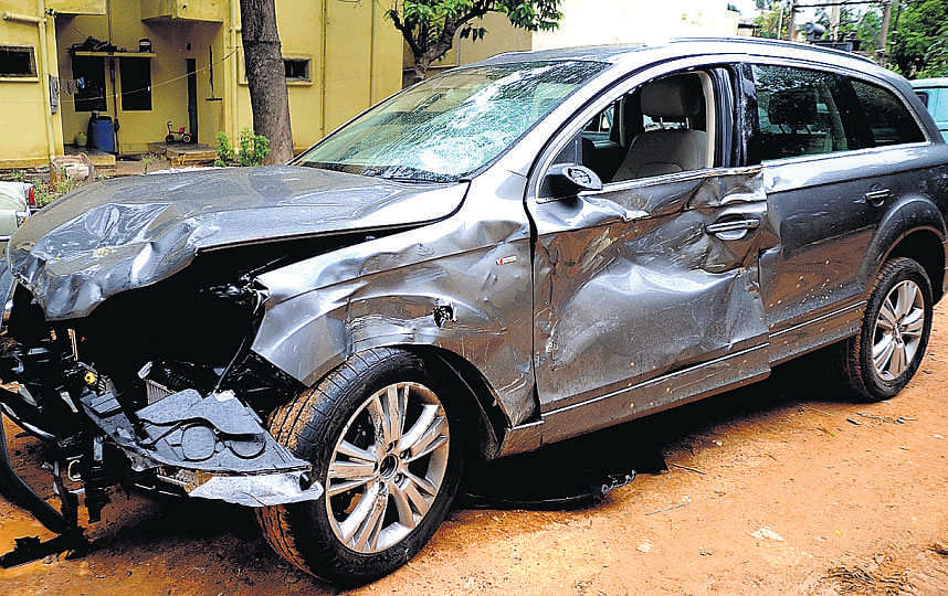 Irresponsible: A new Audi, which rammed an autorickshaw near Mayo Hall on Saturday night, killing Deepak  and injuring two others.  dh photo