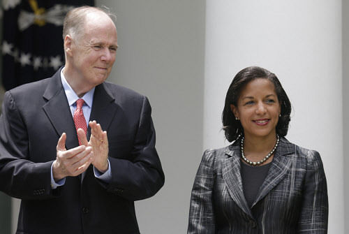 Current National Security Advisor Tom Donilon stands with Susan Rice as U.S. President Barack Obama announced his appointment of Rice as his new National Security Advisor during a statement in the Rose Garden of the White House in Washington, June 5, 2013. REUTERS