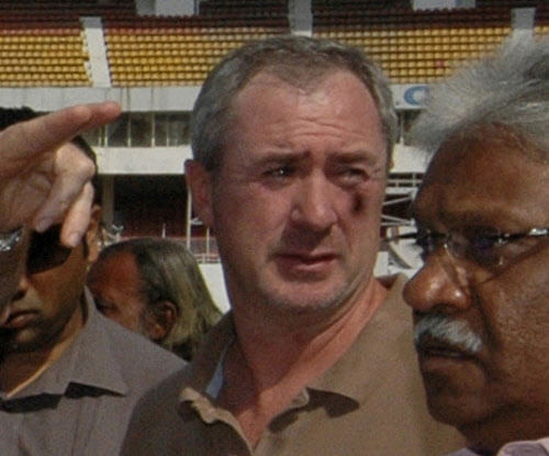 In this Nov. 3, 2009 file photo, then Chief Executive of Federation of International Cricketers' Association (FICA) Tim May, center, inspects the Sardar Patel Motera Stadium in Ahmadabad, India. May has resigned as chief executive of FICA after holding the position since 2005, according to a statement by FICA on Wednesday, June 5, 2013. (AP Photo)
