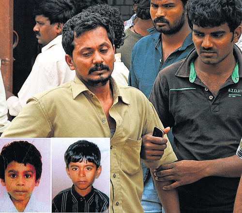 Darshan's father Rambabu and relatives at the Ambedkar Medical College mortuary. Darshan and Venkatesh (inset), who drowned at the Devasandra Lake on Thursday. dh photo