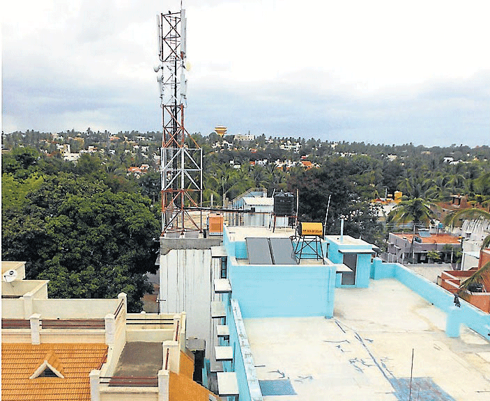 The mobile tower over a building in VV&#8200;Mohalla in Mysore.