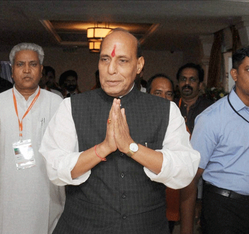 BJP President Rajnath Singh with party leaders Ananth Kumar and Manohar Parrikar during the party's National Executive meeting in Panaji, Goa on Saturday. PTI Photo