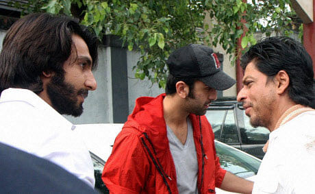 Bollywood actors Shah Rukh Khan, Ranbir Kapoor and Ranveer Singh during the funeral of Priyanka Chopra's father Ashok Chopra in Mumbai on Monday. PTI Photo