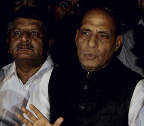 BJP President Rajnath Singh speaks to media after Party's parliamentary board meeting, at his residence in New Delhi on Monday. PTI Photo