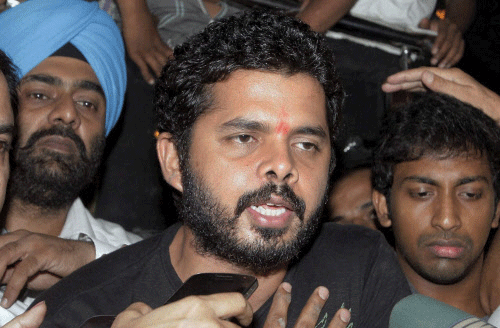 Cricketer S Sreesanth talks to the media after being released on bail in IPL fixing case, in New Delhi on Tuesday. PTI Photo