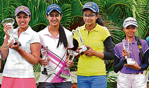 All smiles: (From left) Winners of the Southern India Golf Championship, Gauri Monga (Ladies), Gurbani Singh (Category A), Amrita Anand (Category B) and Sifat Sagoo (Category C) with their spoils at the KGA on Wednesday. DH photo