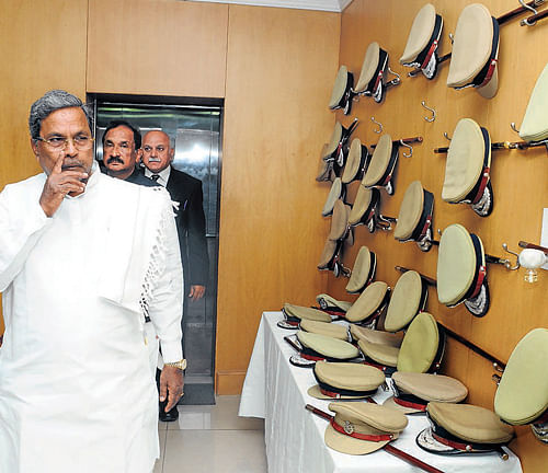 Chief Minister Siddaramaiah arrives to attend a review meeting of the Police  Department in Bangalore on Thursday. DH Photo