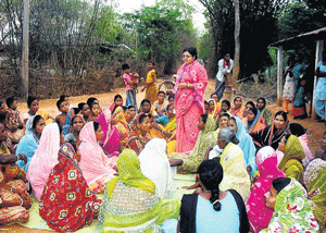 Kultikiri's village pradhan, Anamika sahoo addresses the local women.
