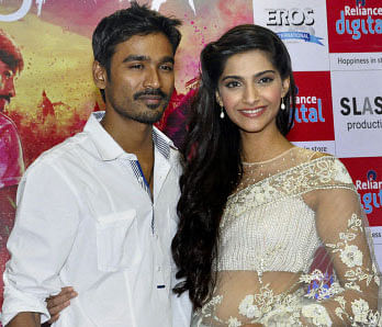 Bollywood actors Sonam Kapoor and Dhanush during a promotional event for their upcoming film 'Raanjhanaa' in Faridabad on Friday. PTI Photo.