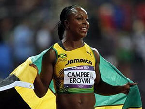 Jamaica's Veronica Campbell-Brown celebrates after finishing third the women's 100m final during the London 2012 Olympic Games at the Olympic Stadium August 4, 2012. Reuters