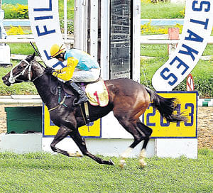 S Zervan powers Amelia (left) to victory in the Fillies Championship at the Bangalore Turf Club on&#8200;Sunday. Beauty Is Truth (Gnaneshwar up) follows in second. DH photo
