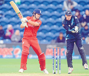 England skipper Alastair Cook plays a cut en route his 47-ball 64 against  New Zealand in their Champions Trophy Group 'A' match at Cardiff on Sunday. Reuters