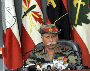 Lieutenant General KT Parnaik, General Officer Commanding, Northern Command at a press conference in Udhampur on Monday. PTI Photo