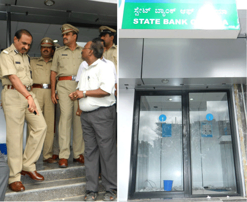 Police commissioner Jyoti Prakash Mirji along with other officers inspecting the SBI ATM center, which was robbed at Dwarakanagar of Bagaluru police limits in Bangalore on Tuesday. (Right) The empty ATM center without machine inside. DH Photo