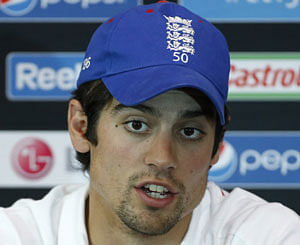 England's captain Alastair Cook speaks during a press conference at the Oval cricket ground in London Tuesday, June 18, 2013. England will play South Africa in an ICC Champions Trophy semifinal at the Oval on Wednesday 19th. AP Photo