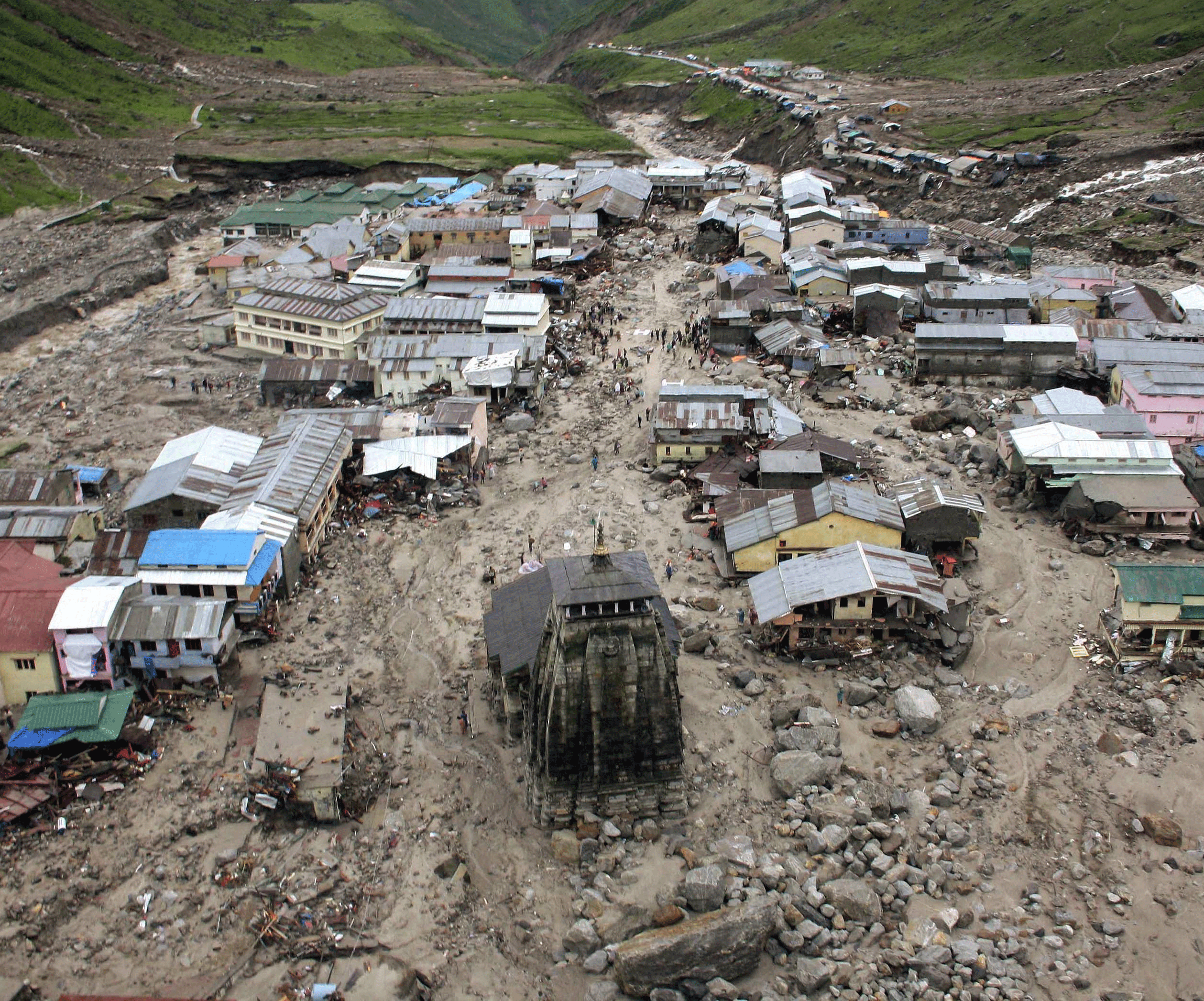 A view of the washed off buildings area near Kedarnath Dham in Uttarakhand on Tuesday following incessant rains and floods. PTI Photo