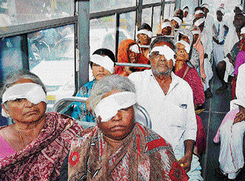 Villagers of Beevuru  Milanayakana Hosalli of Channapatna taluk are  ferried to their village after they successfully underwent cataract surgeries.
