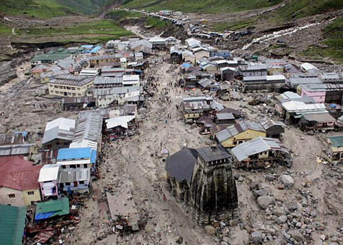 A view of Kedarnath from a helicopter after a flood, in the northern Indian state of Uttarakhand, India, Tuesday, June 18, 2013. Monsoon torrential rains have cause havoc in northern India leading to flash floods, cloudbursts and landslides as the death toll continues to climb and more than 1,000 pilgrims bound for Himalayan shrines remain stranded. (AP Photo