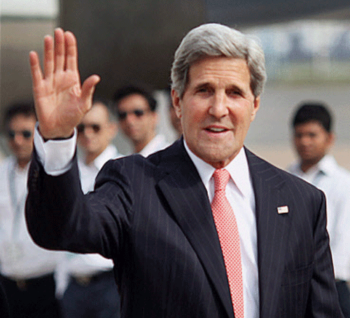 U.S. Secretary of State John Kerry on his arrival at Air Force Station, Palam in New Delhi on Sunday. PTI Photo