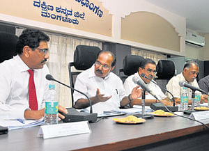Minister of Petroleum and Natural Gas M Veerappa Moily speaks at a review meet at&#8200;DC's office in Mangalore                                   on&#8200;Monday. DH&#8200;Photo