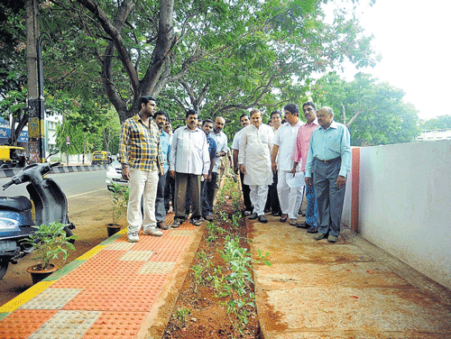 The model footpath constructed at a cost of Rs 23 lakh at Anebande Road in Jayanagar.
