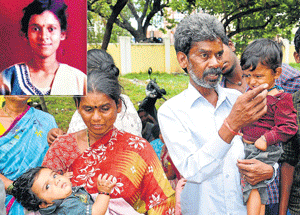 Relatives with the children of Kavitha (inset), who died of alleged medical negligence in Mysore on Friday. dh photo