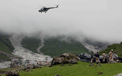 An IAF helicopter during rescue operation in Kedarnath on Tuesday. PTI Photo