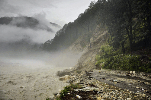 A view of a washed away road in Uttarkashi on Tuesday. PTI Photo