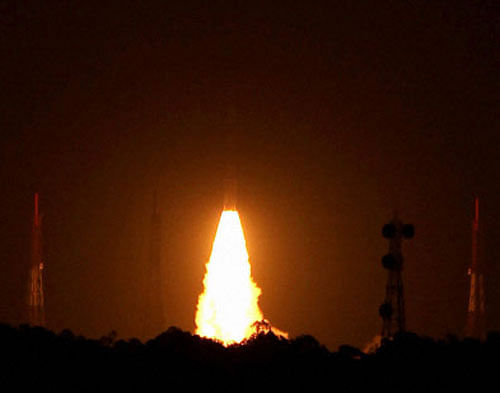India's first navigational satellite PSLV, the 1,425 kg IRNSS (Indian Regional Navigational Satellite System)-1A, blasts off from Sriharikota, AP, on Monday. The satellite is intended to provide terrestrial, aerial and marine navigation services and help in disaster and fleet management. PTI Photo