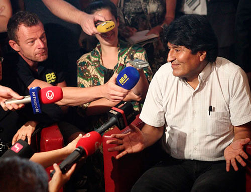 Evo MoralesBolivian President Evo Morales addresses a news conference at the Vienna International Airport in Schwechat July 3, 2013. Morales said on Wednesday he was awaiting Spanish permission to fly home through its airspace after he refused Madrid's request to inspect his plane following its diversion to Vienna. France and Portugal abruptly cancelled air permits for Morales' plane en route from Moscow on Tuesday, apparently due to fears fugitive ex-U.S. spy agency contractor Edward Snowden could be on board. Bolivian and Austrian officials denied this. REUTERS