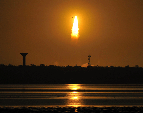 In this Monday July 1, 2013, photo, Indian Space Research Organization's (ISRO) Polar Satellite Launch Vehicle (PSLV-C22) carrying dedicated navigation satellite, IRNSS-1A lifts off from the Satish Dhawan Space Centre in Sriharikota, Andhra Pradesh state, India. The Indian Regional Navigation Satellite System (IRNSS-1A) is the first dedicated Indian Navigation Satellite. In total seven satellites of the IRNSS constellation will be launched and the full constellation will be up during 2014 timeframe according to local news agency. (AP Photo
