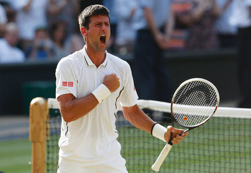 Novak Djokovic of Serbia celebrates after defeating Juan Martin del Potro of Argentina in their men's semi-final tennis match at the Wimbledon Tennis Championships, in London Reuters File Image