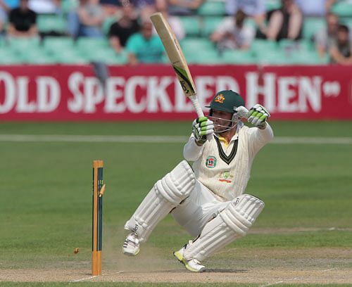 Australia batsman Phil Hughes is out hit wicket, for 86, during day three of their warm up match against Worcestershire at New Road Worcester England Thursday July 4, 2013. The first Test of the 2013 Ashes series starts at Trent Bridge, Nottingham on Wednesday July 10. AP Photo