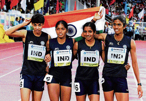 fab four: India's gold medal winning 4x400 relay team . From left: Nirmala, Tintu Luka, Anu Mariam Jose and Poovamma. pti
