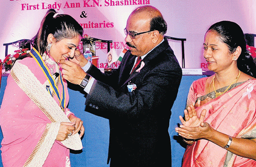 GLAD The new president Rotarian Mehnaaz Nadiadwala, district governor Rotarian KS  Nagendra and first lady KN Shashikala.