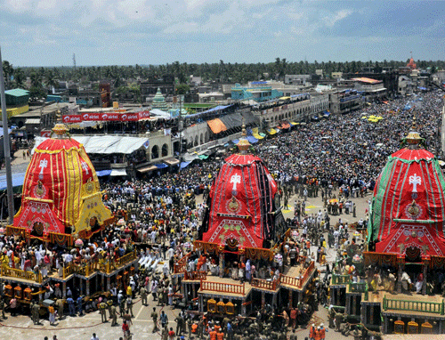 Three chariots of Lord Jagannath, Balabhadra and Subhadra during the annual 'Rath Yatra' in Puri on Wednesday.PTI Photo
