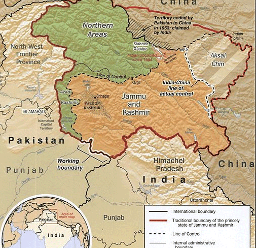 The western portion of the Line of Actual Control, which lies between Chinese-held and Indian-held territory in the Himalayan region. The line was the focus of a brief war in 1962, when Indian and Chinese forces struggled to control land where, "not even a blade of grass grows," as Indian Prime Minister Jawaharlal Nehru put it.. Wikipedia Image