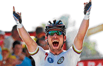 Mark Cavendish celebrates his win in the 13th stage of the Tour de France on Friday. Reuters