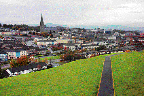 View of the bogside from Londonderry;  St Augustine's Church.