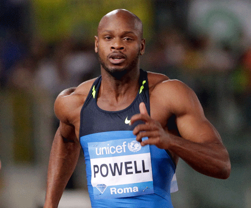 FILE - In this June 10, 2010, file photo, Jamaica's Asafa Powell runs to win the men's 100 meter event during the IAAF Diamond League Golden Gala athletics meeting at Rome's Olympic stadium. Former 100-meter world-record holder Powell and Jamaican teammate Sherone Simpson have each tested positive for banned stimulants, according to their agent. Paul Doyle told The Associated Press on Sunday, July 14, 2013, that they tested positive for the stimulant oxilofrine at the Jamaican championships and were just recently notified. AP Photo