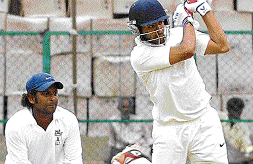 in full flow: KSCA Colts' KV Siddharth en route his half-century on Wednesday. DH&#8200;PHOTO